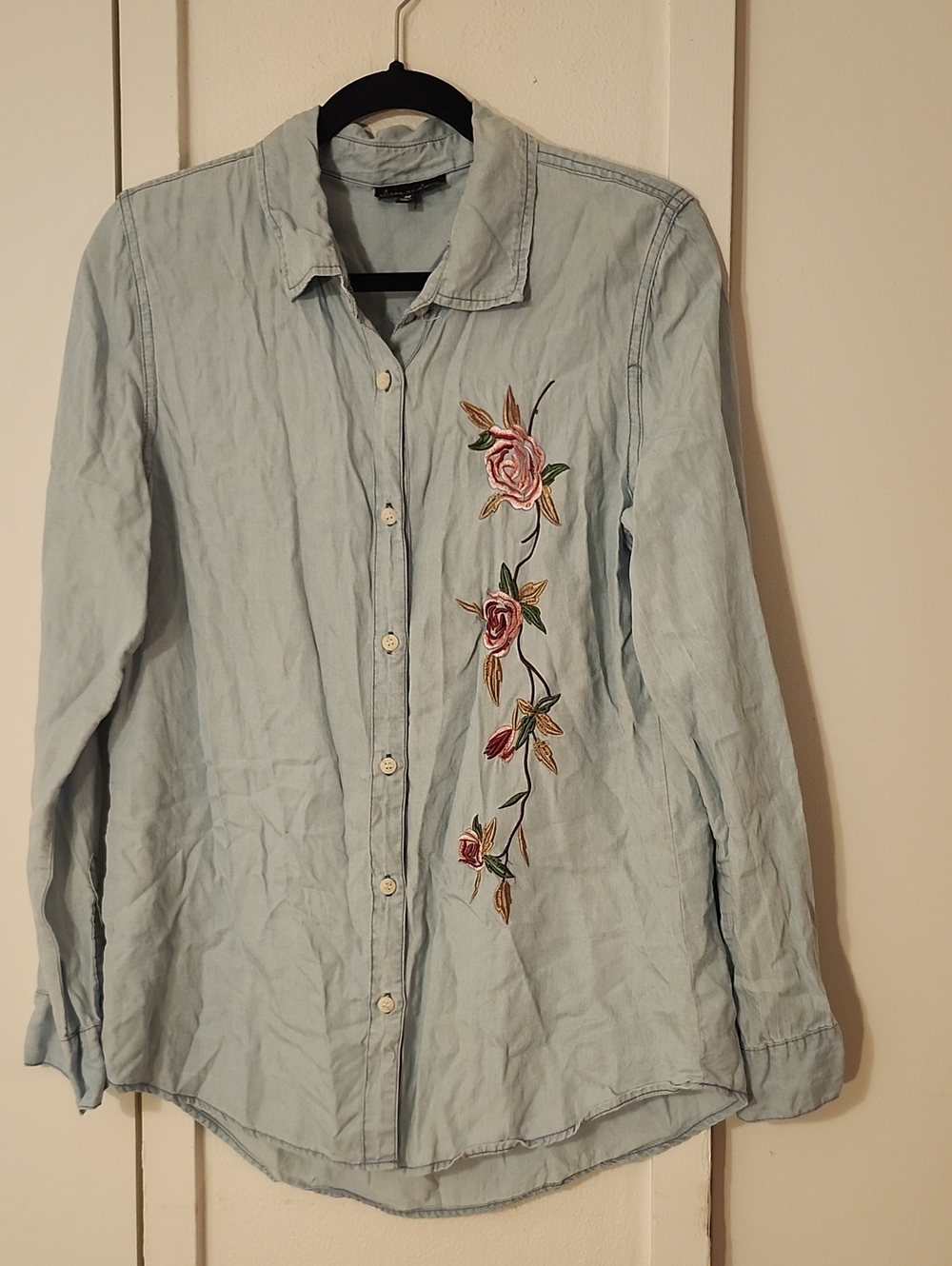 Light Blue Button-Down Shirt with Pink Rose Embroidery